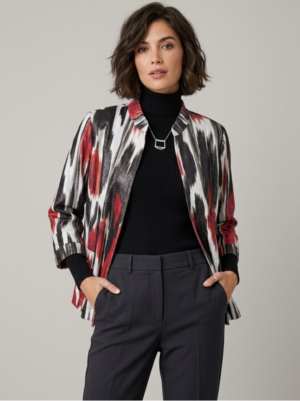 Chicos Aztec Metallic Shimmer Linen Cotton Blazer Jacket White Red Black 2/Large